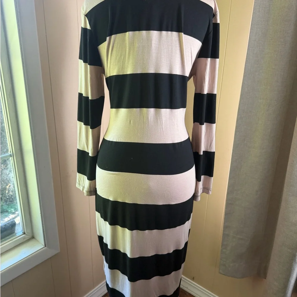 Striped Long Sleeve Midi Tshirt Dress in Black and Cream - Picture 4 of 8